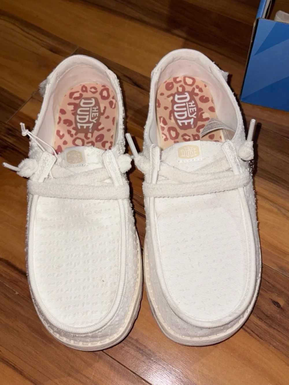 Hey Dude Kids White Canvas Slip-Ons with Pink Leopard Insole
